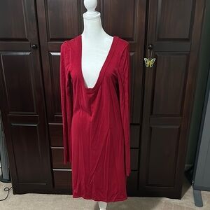 Express Red Bodycon Long Sleeve Plunge Dress